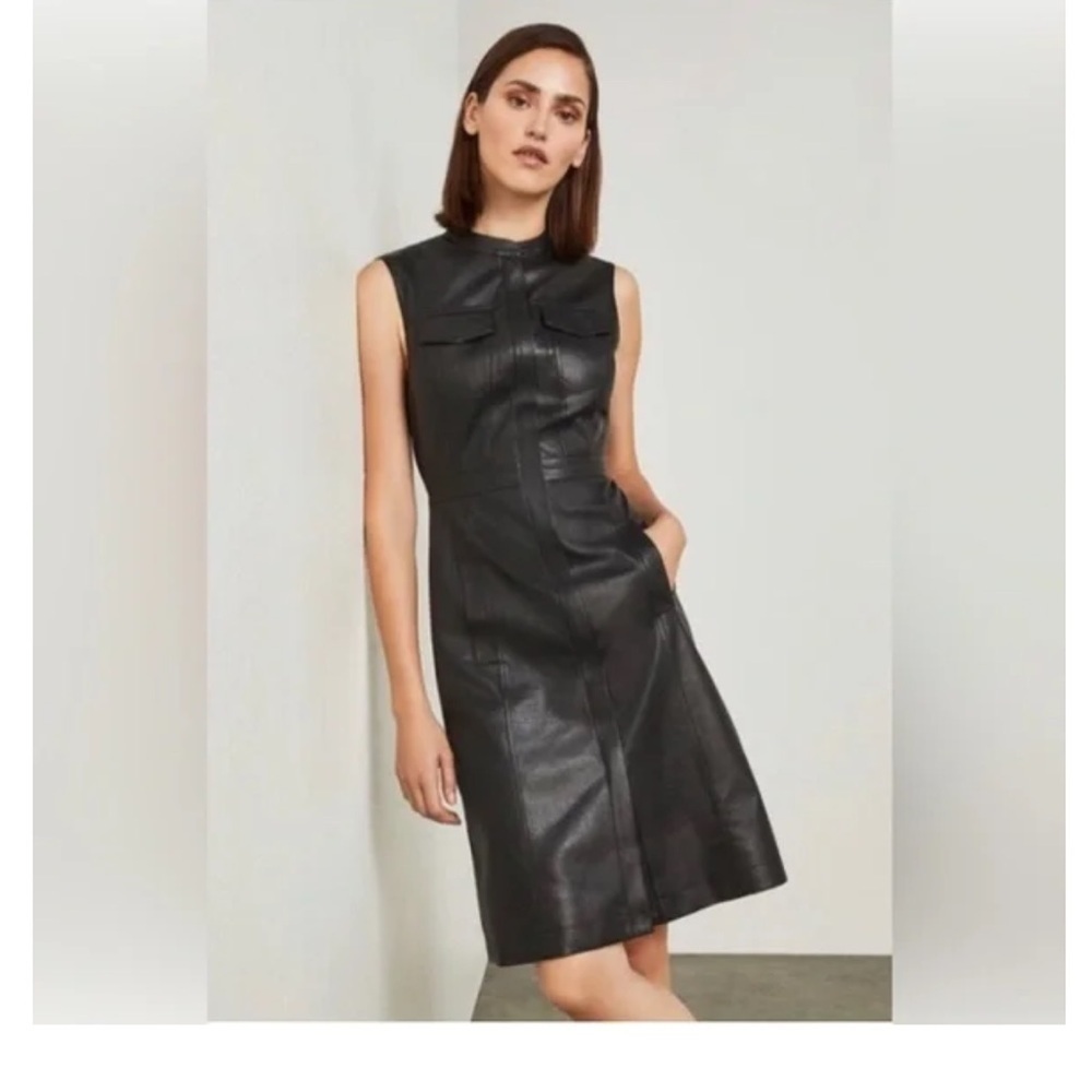 EUC worn once BCBG Allexandria black zip front faux leather mini dress XS